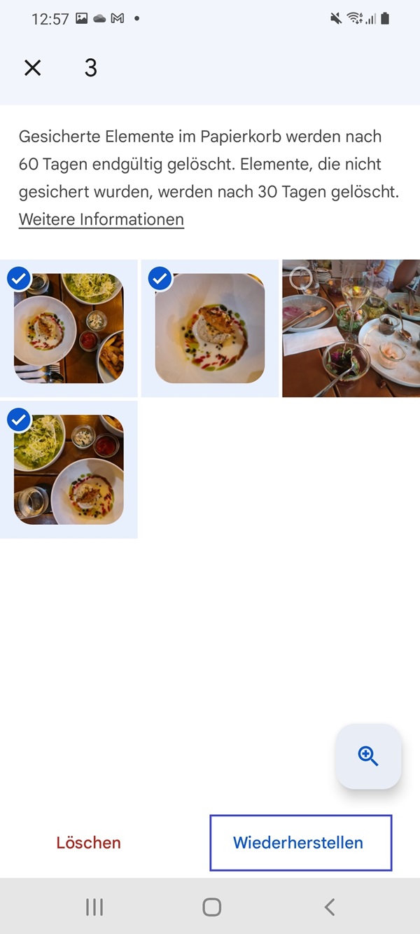 Ausgewählte Fotos und markierte Wiederherstellungs-Option im Papierkorb