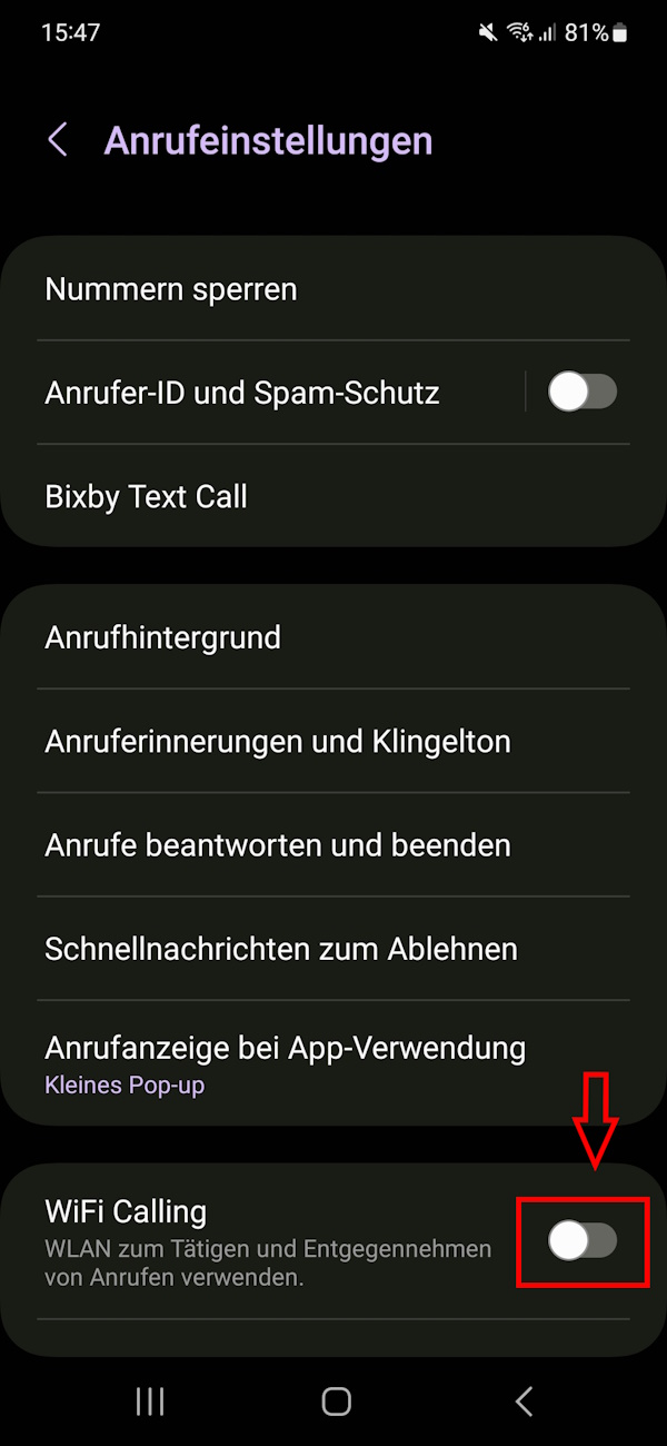 Screenshot der Anrufeinstellungen bei Samsung