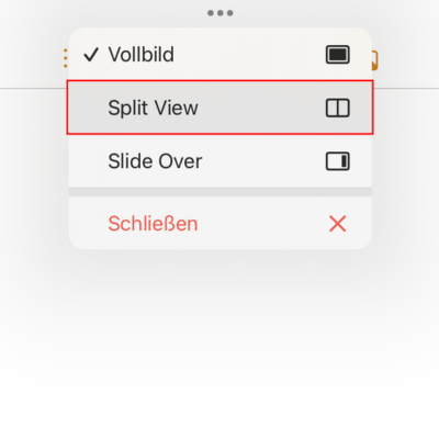 Screenshot der geöffneten Pages App mit „Split View“-Taste