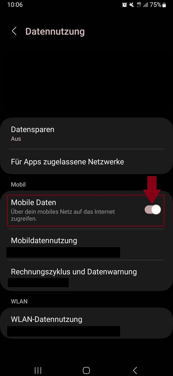 Screenshot in Android im Menü „Datennutzung“.