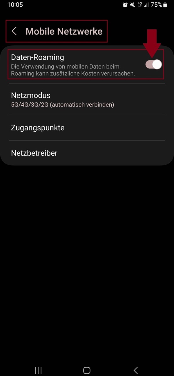 Screenshot in Android im Menü „Mobile Netzwerke“.