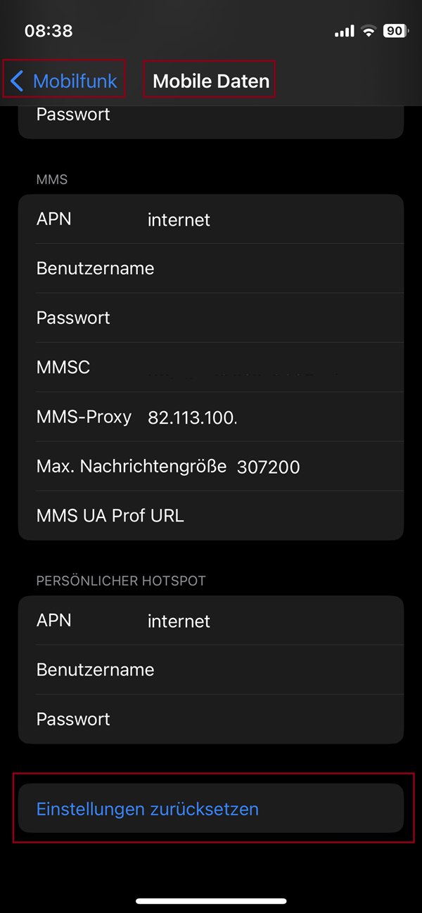 Screenshot von iPhone im Menü „Mobile Daten“ zum Zurücksetzen der APN-Einstellungen.