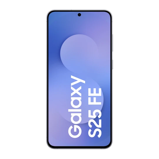  Vorderansicht des Samsung Galaxy S25 FE in Navy, mit zentrierter Frontkamera und Display, auf dem der Schriftzug Galaxy S25 FE erscheint. 