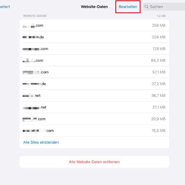 Screenshot der „Website-Daten“ in den Einstellungen von „Safari“