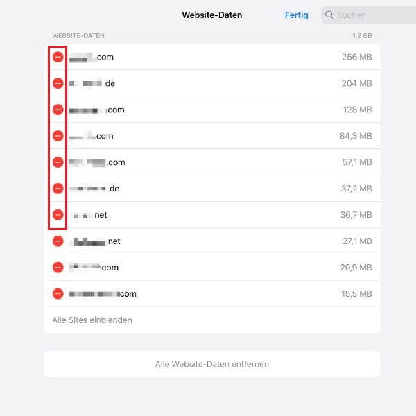 Screenshot der „Website-Daten“ in den Einstellungen von „Safari“ mit Markierung von Cookies