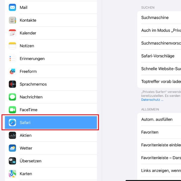 Screenshot der Einstellungen von „Safari“