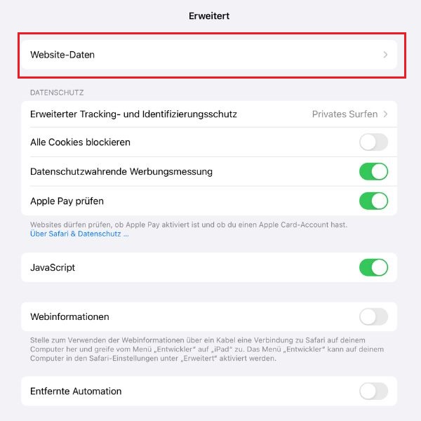 Screenshot der Einstellungen von „Safari“ mit Markierung von „Website-Daten“
