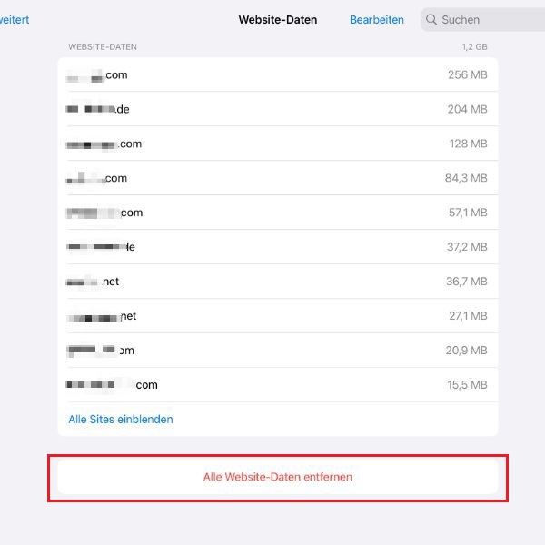 Screenshot der „Website-Daten“ in den Einstellungen von „Safari“ mit Markierung von „Alle Website-Daten entfernen“