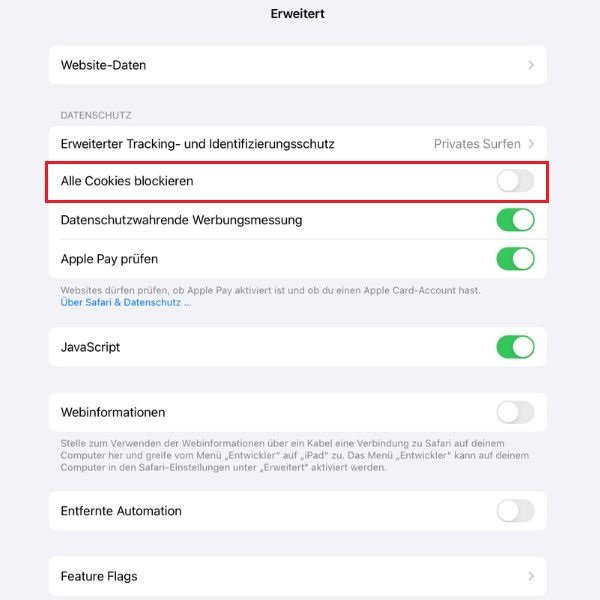 Screenshot der Einstellungen von „Safari“ mit Markierung von „Alle Cookies blockieren“