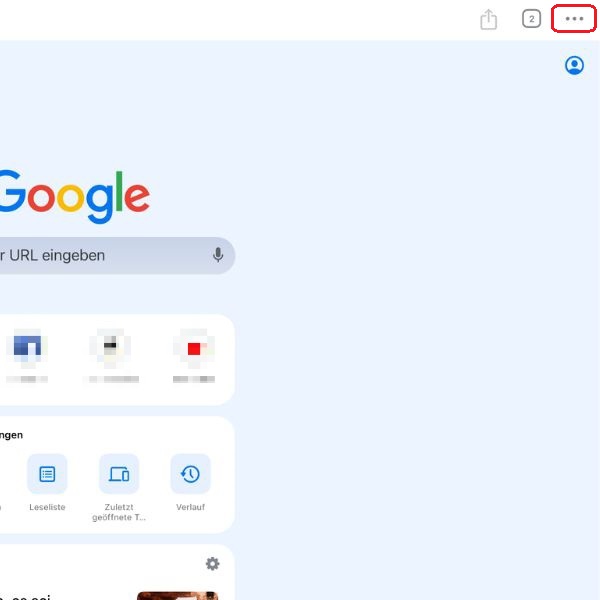 Screenshot der Google-Chrome-App mit Markierung von drei Punkten