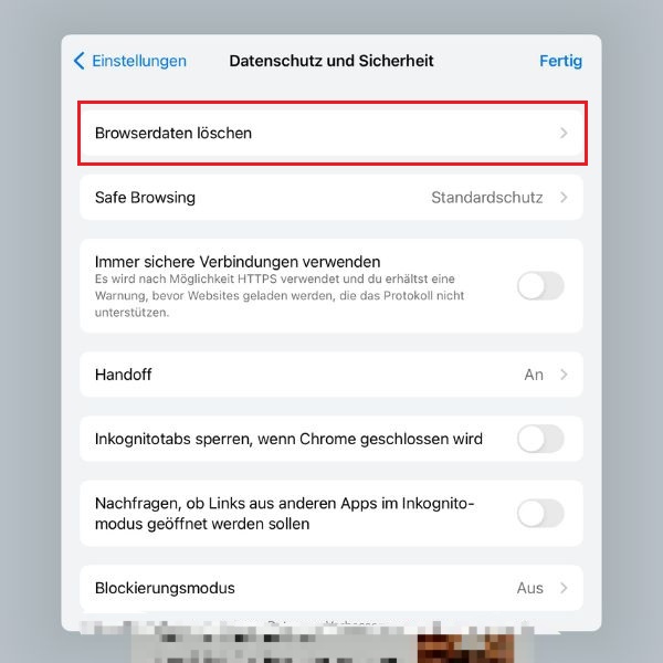 Screenshot von „Datenschutz und Sicherheit“ in der Google-Chrome-App mit Markierung von „Browserdaten löschen“