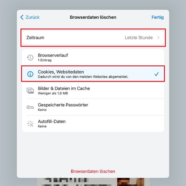Screenshot von „Browserdaten löschen“ in der Google-Chrome-App mit Markierung von „Zeitraum“ und „Cookies, Websitedaten“