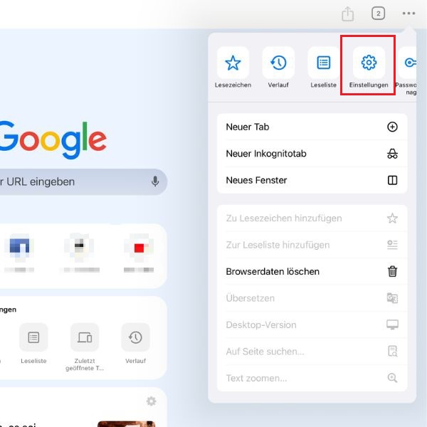 Screenshot der Google-Chrome-App mit Markierung von „Einstellungen“