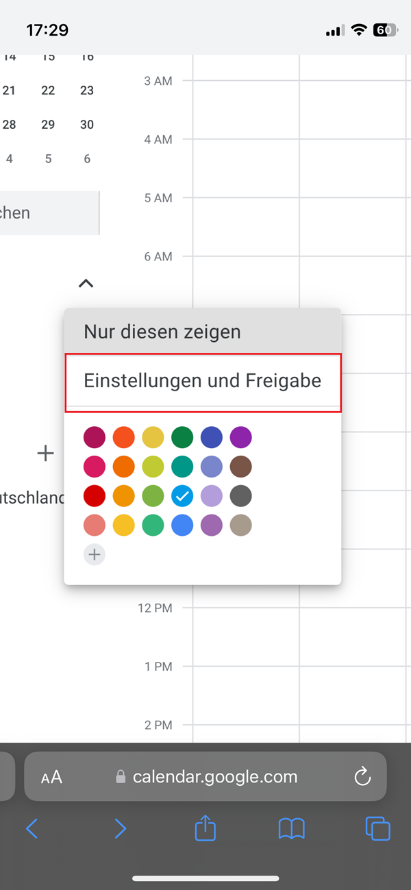 Screenshot von Google-Kalender mit roter Markierung bei „Einstellungen und Freigabe“