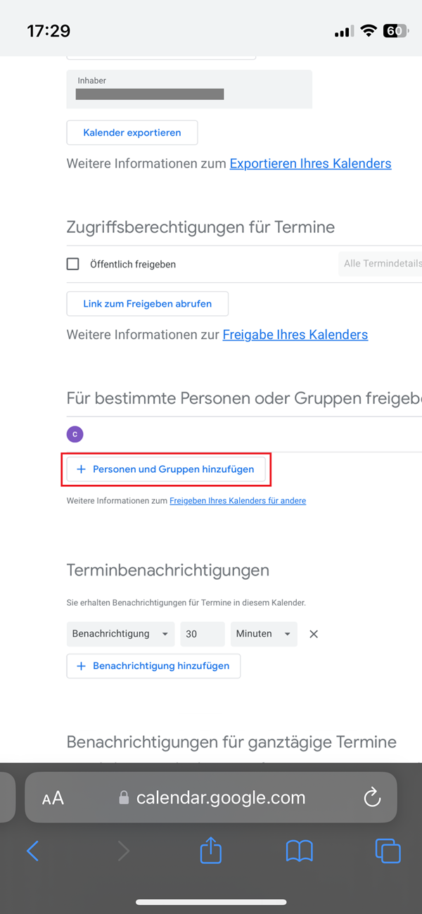 Screenshot von Einstellungen in Google-Kalender mit roter Markierung bei „+ Personen und Gruppen hinzufügen“