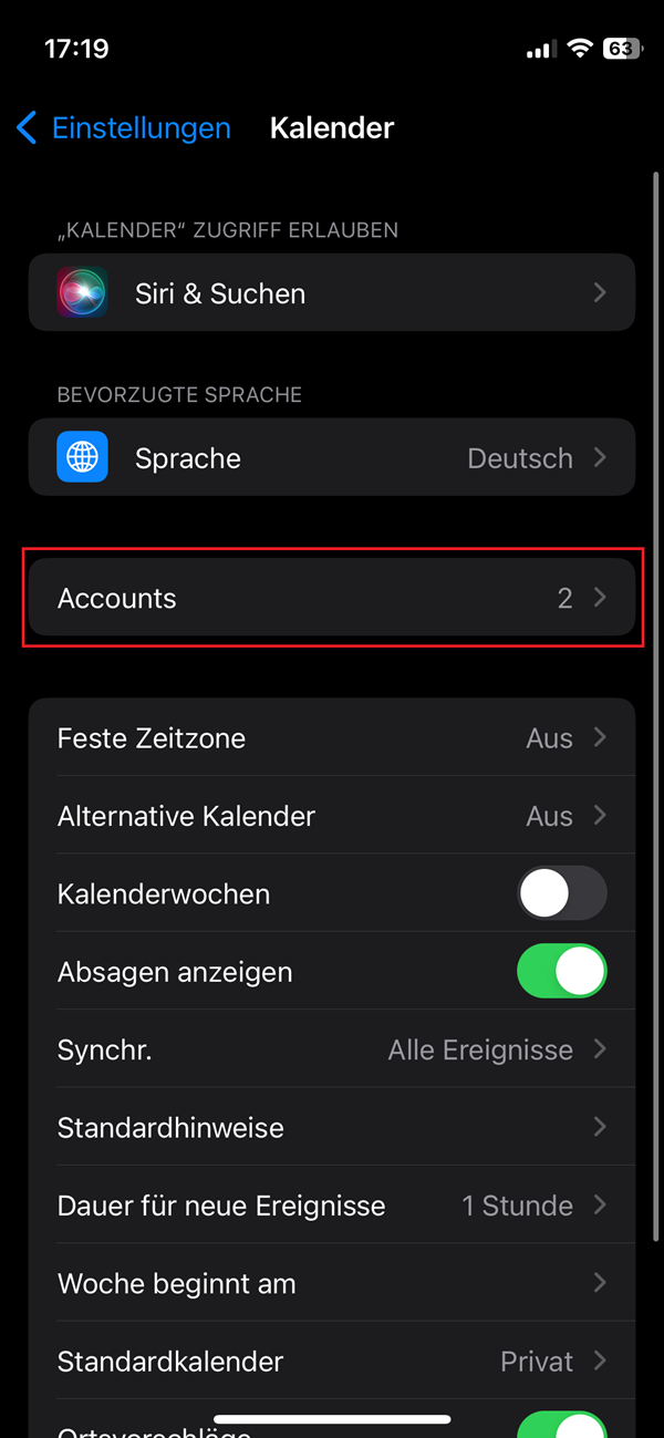 Screenshot von Kalender-Einstellungen im iPhone mit roter Markierung bei „Accounts“