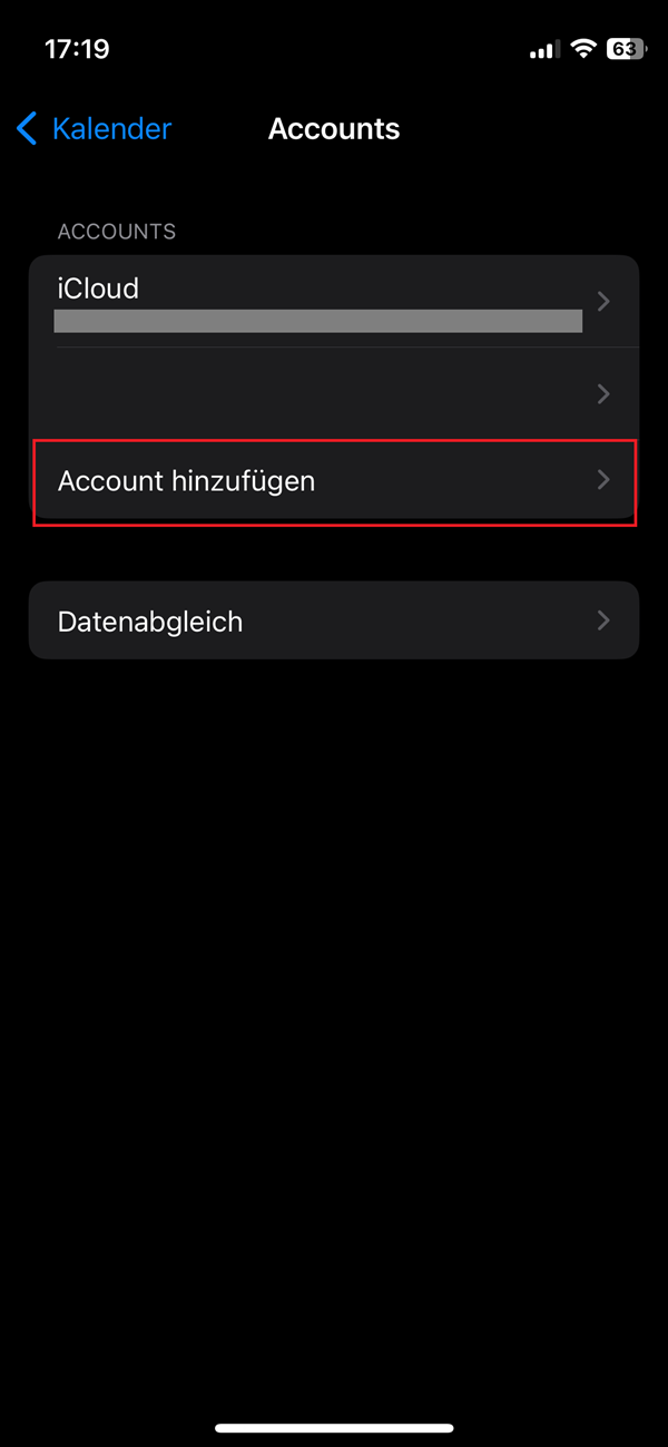Screenshot von Kalender-Einstellungen im iPhone mit roter Markierung bei „Account hinzufügen“