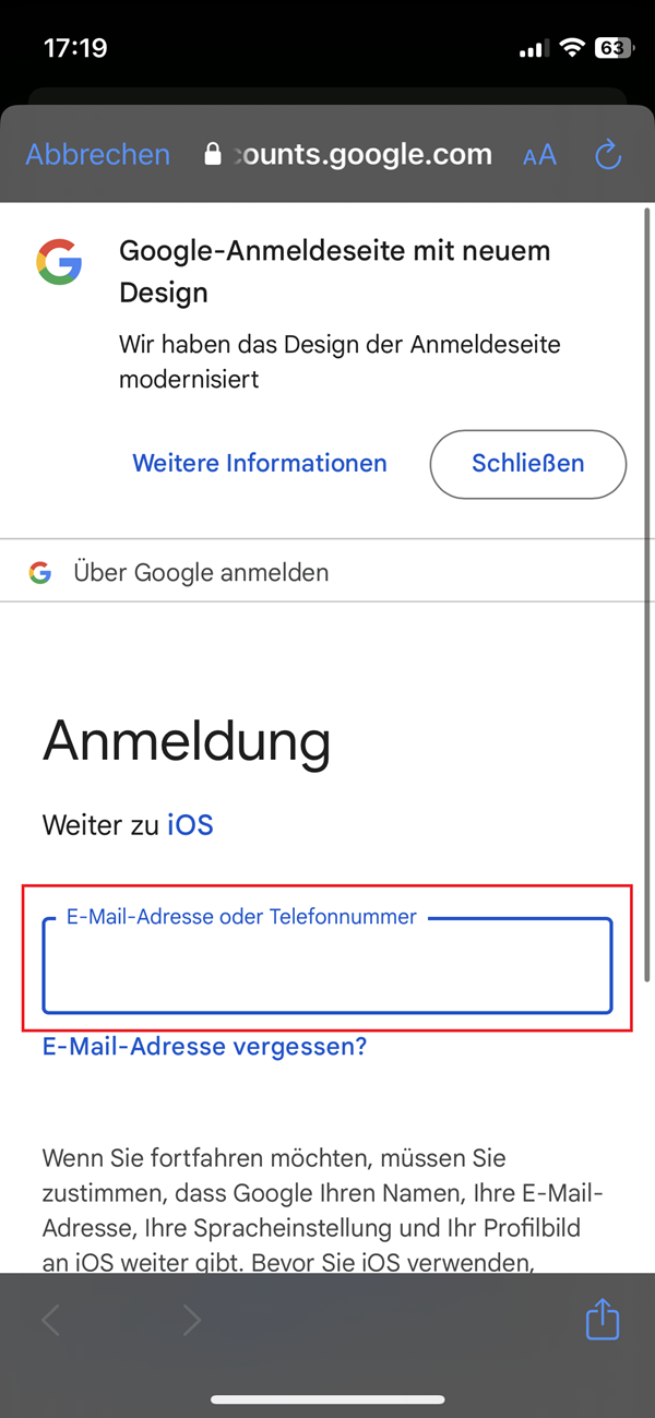 Screenshot vom Anmeldemenü bei Google