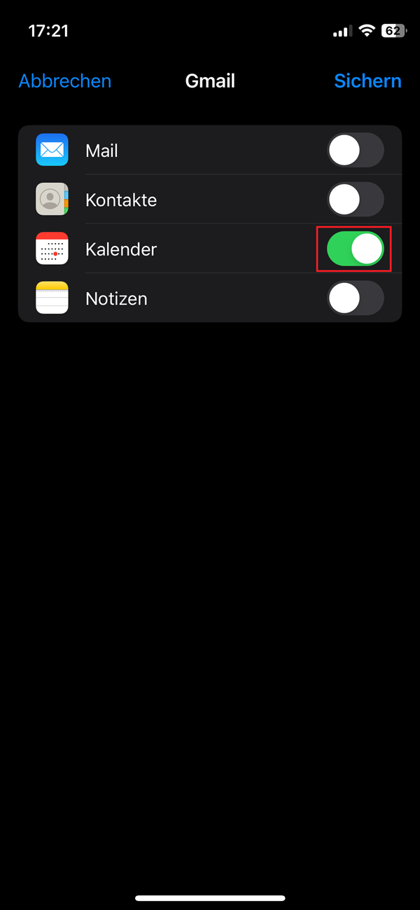 Screenshot von Auswahl für die Synchronisierung vom Google-Account mit dem iPhone mit roter Markierung des aktivierten Reglers für „Kalender“