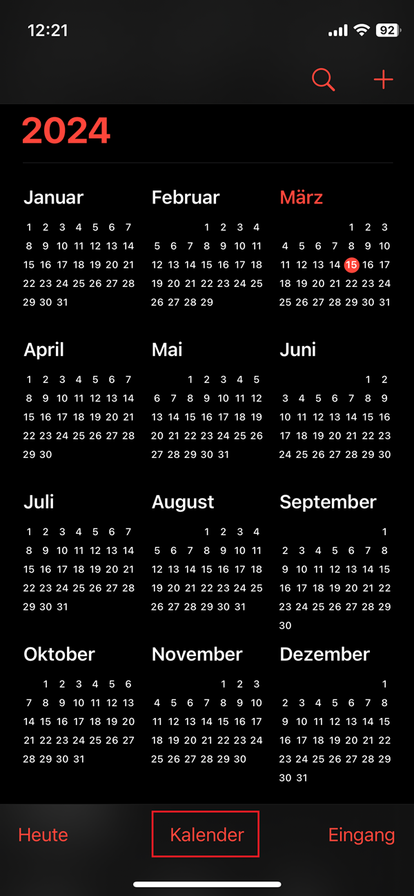 Screenshot von der Kalender-App im iPhone mit roter Markierung bei „Kalender“