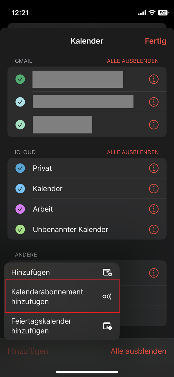 Screenshot von Kalender-App im iPhone mit roter Markierung bei „Kalenderabonnement hinzufügen“