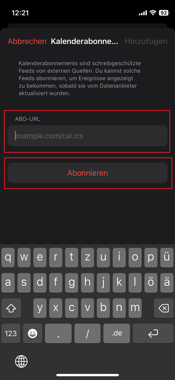 Screenshot des Kalenderabonnement-Fensters in der Kalender-App vom iPhone