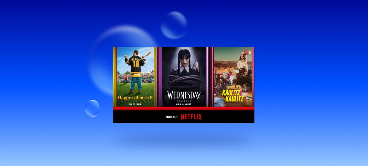  Dreifachgrafik mit Happy Gilmore 2, Wednesday und Kaulitz & Kaulitz abgebildet auf blauem Hintergrund 