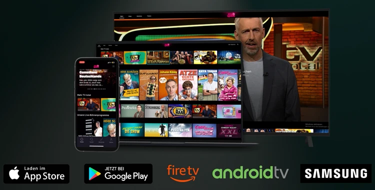  Startseite von myspass.de auf Smartphone, Tablet, Laptop und TV – mit bekannten Comedy-Formaten wie TV total, Stromberg, Pastewka, Ladykracher und mehr. Darunter Logos für App Store, Google Play, Fire TV und Android TV zur Verfügbarkeit auf verschiedenen Plattformen. 