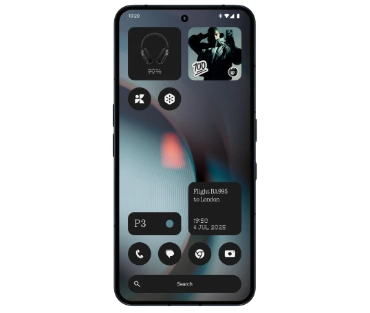  Vorderansicht des Nothing Phone (3) in Schwarz. Auf dem Display werden illustrative Icons und Features dargestellt. 