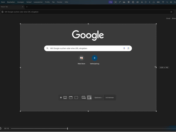 Auswahlrahmen bei Bildschirmaufnahme am MacBook