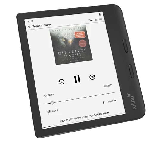 tolino vision color in schwarz zeigt die Wiedergabe eines Hörbuchs mit dem Titel „Die letzte Nacht“ von Karin Slaughter auf dem eBook und zeigt den aktuellen Lesestand. 
