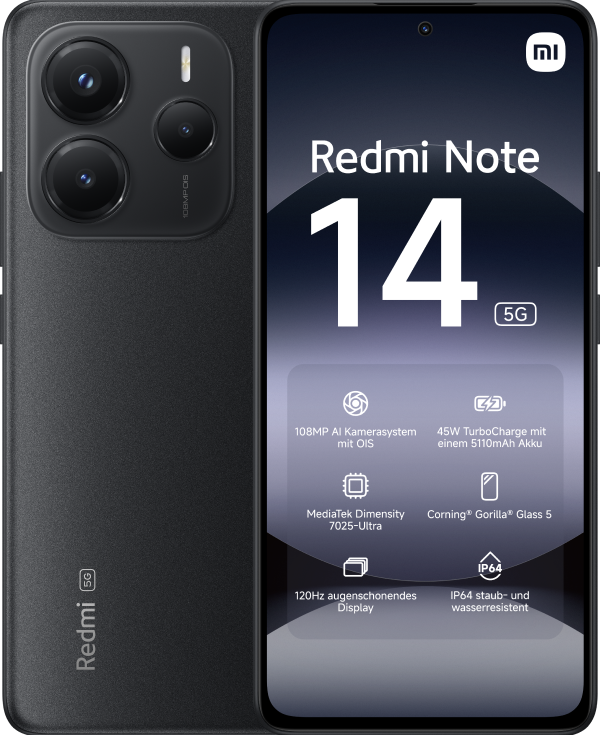 Vorder- und Hinteransicht des Xiaomi Redmi Note 14 in Schwarz