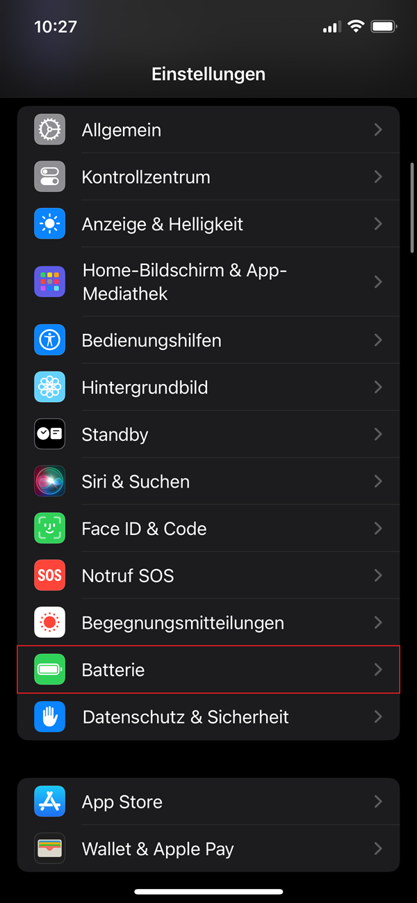 Screenshot von Einstellungen mit Markierung von „Batterie“