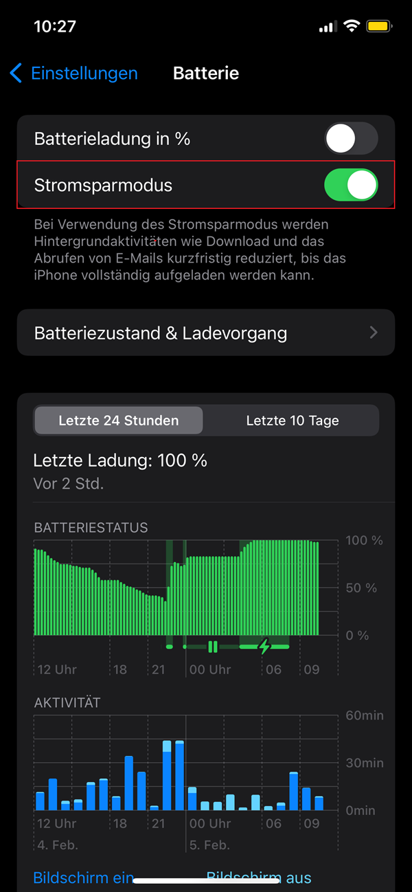 Screenshot von Batterie mit Markierung von „Stromsparmodus“