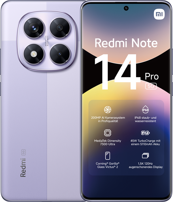 Das Redmi Note 14 Pro 5G von vorne und hinten in Lila