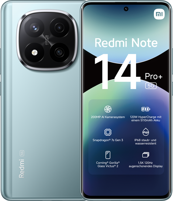 Das Redmi Note 14 Pro+ 5G von vorne und hinten in Blau