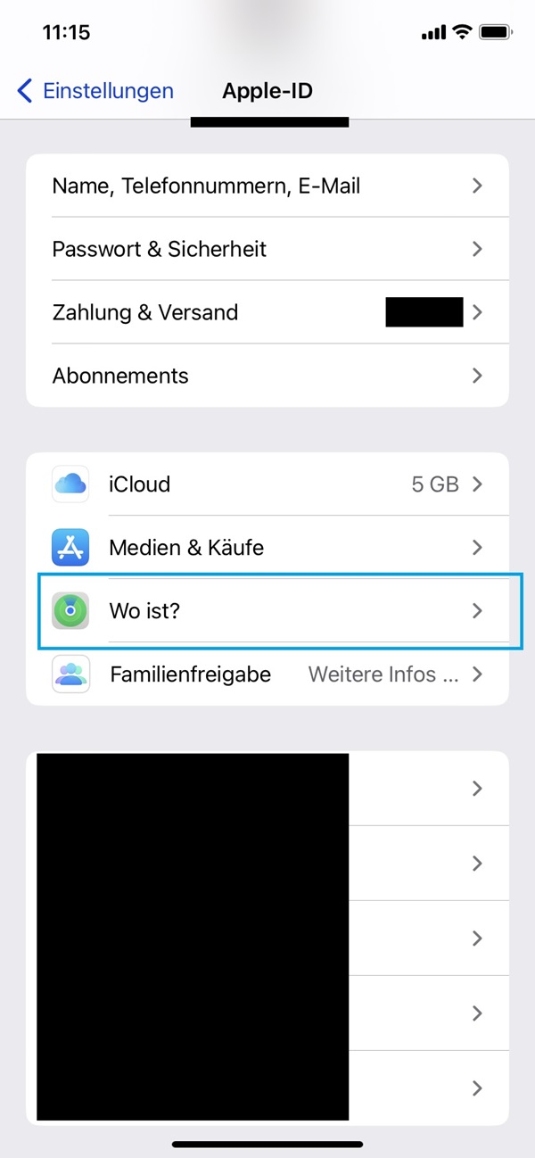 Apple-ID mit blau umrandeter „Wo ist?“- Funktion