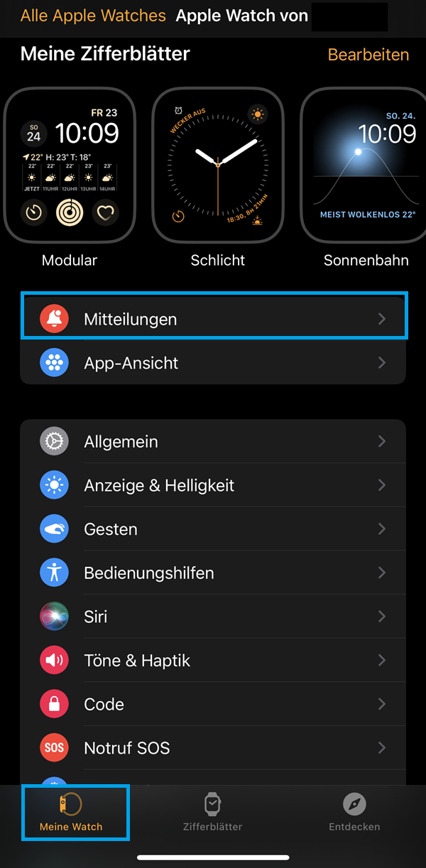 Apple-Watch-App auf dem iPhone: Menü „Mitteilungen“