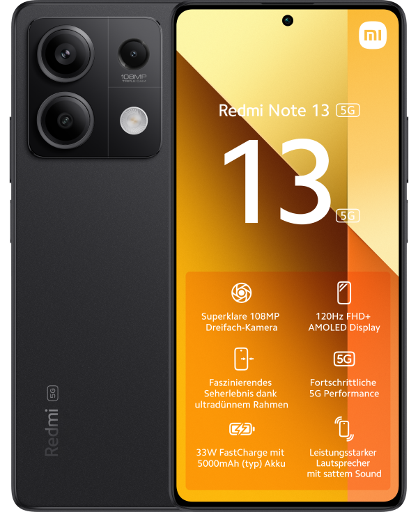 Vorder- und Hinteransicht des Redmi Note 13 5G in Schwarz