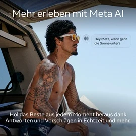  Ein Mann trägt eine dunkle Sonnenbrille und schwingt beim Golfspielen einen Schläger. Auf dem Bild steht der Text „Halte deinen Blickwinkel fest“ sowie „Hey Meta, mach ein Foto“. Unten wird erklärt, dass mit der freihändig bedienbaren 12-MP-Kamera Aufnahmen im Moment des Geschehens gemacht werden können. 