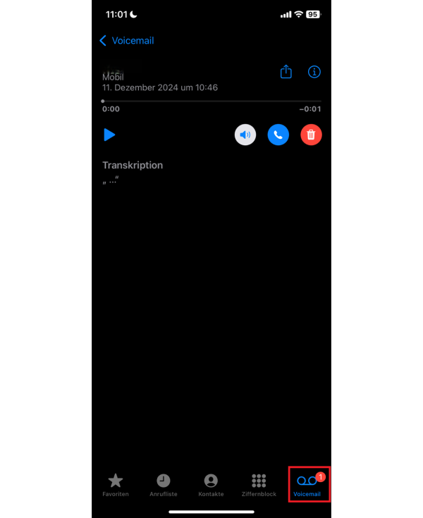 Screenshot aus der „Telefon-App“ im Reiter „Voicemail“