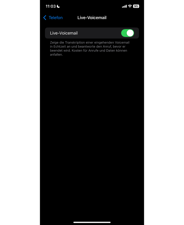 Screenshot Option „Live-Voicemail” ist aktiviert
