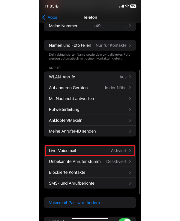 Screenshot der „Telefon“-App mit dem Punkt „Live-Voicemail“ etwas weiter unten.