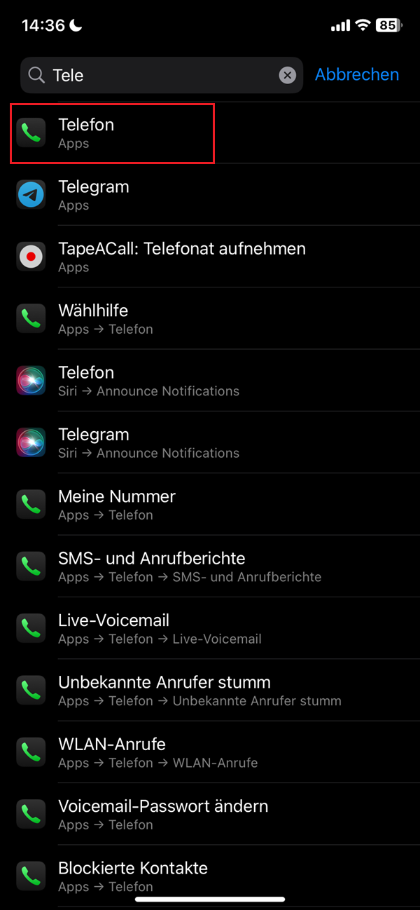 Screenshot der Suche nach „Telefon“ in den Einstellungen