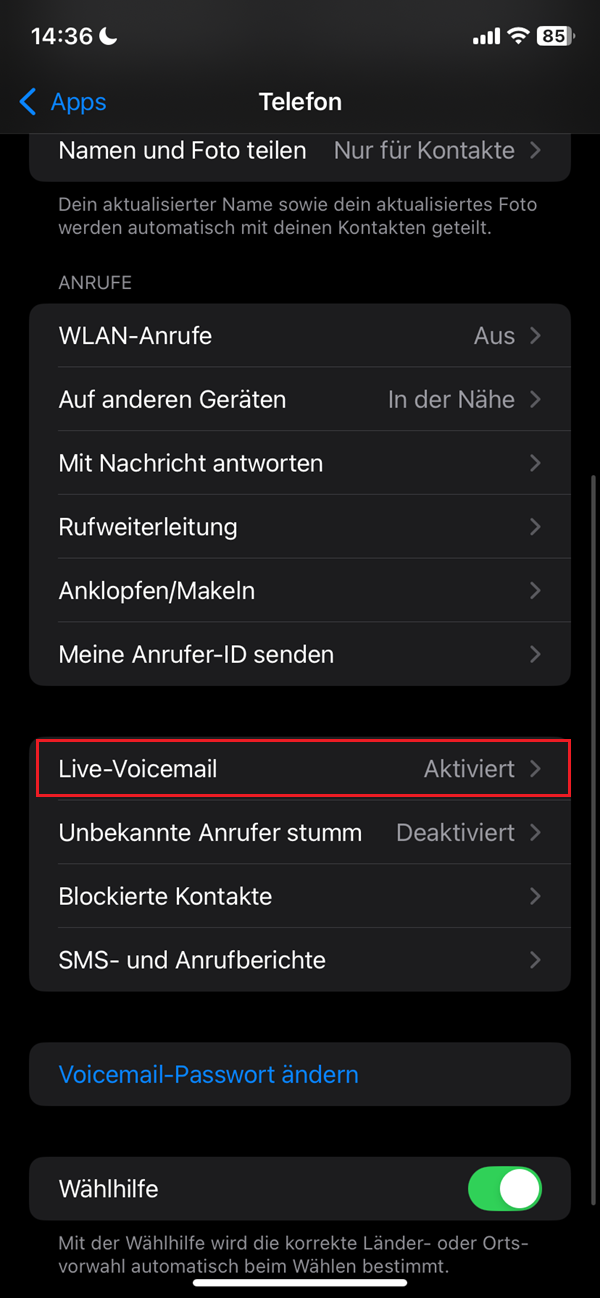 Screenshot Live-Voicemail im Reiter „Telefon“