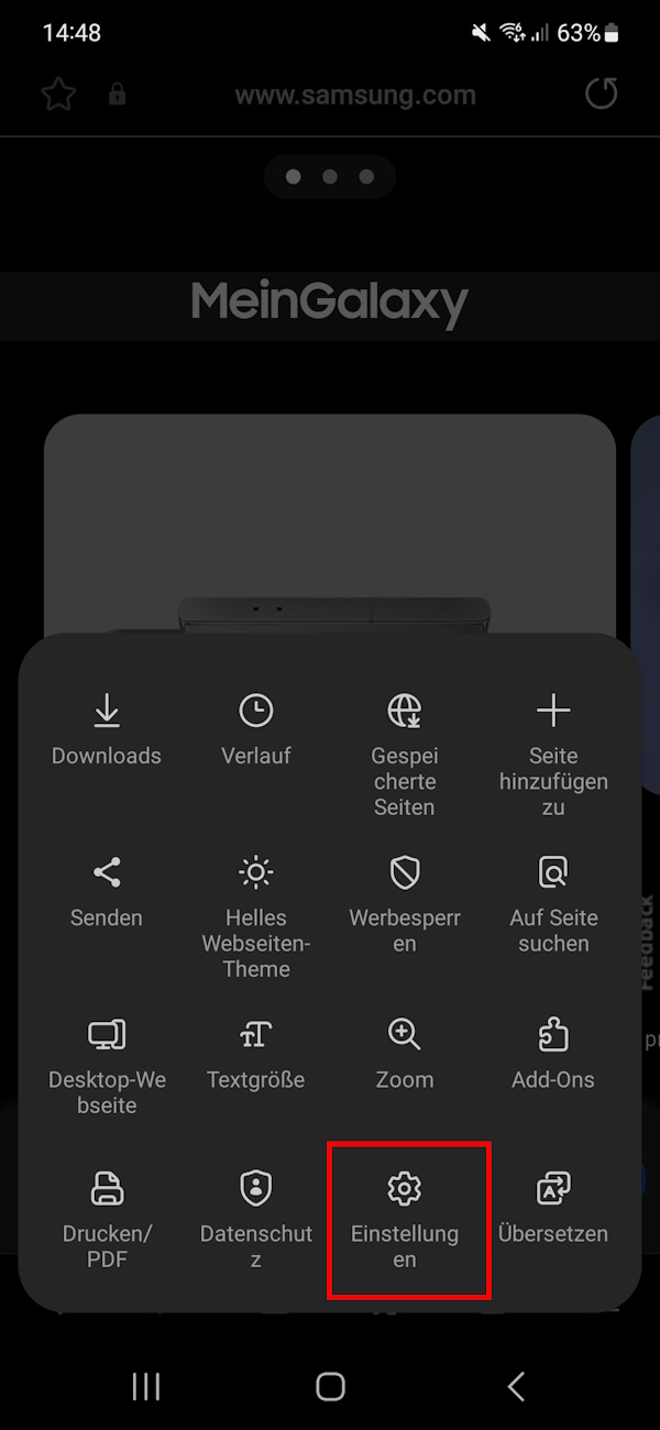 Geöffnetes Menü im Samsung Internet Browser