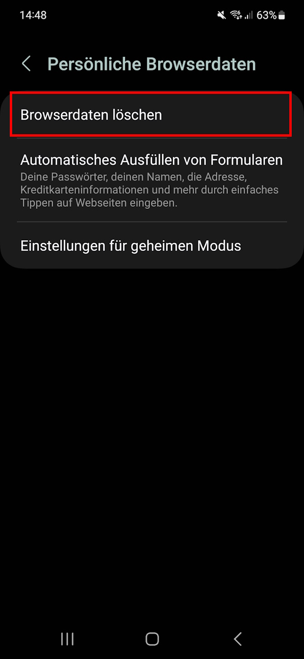 Einstellungen zu persönlichen Browserdaten bei Samsung