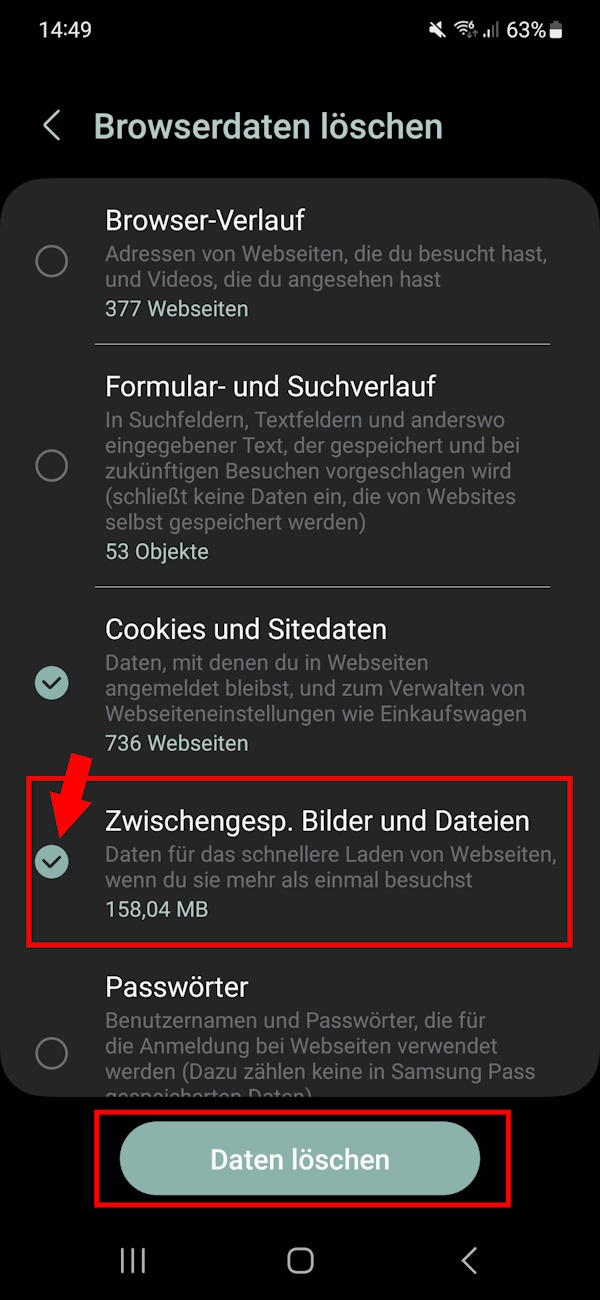 Browserdaten löschen bei Samsung Internet