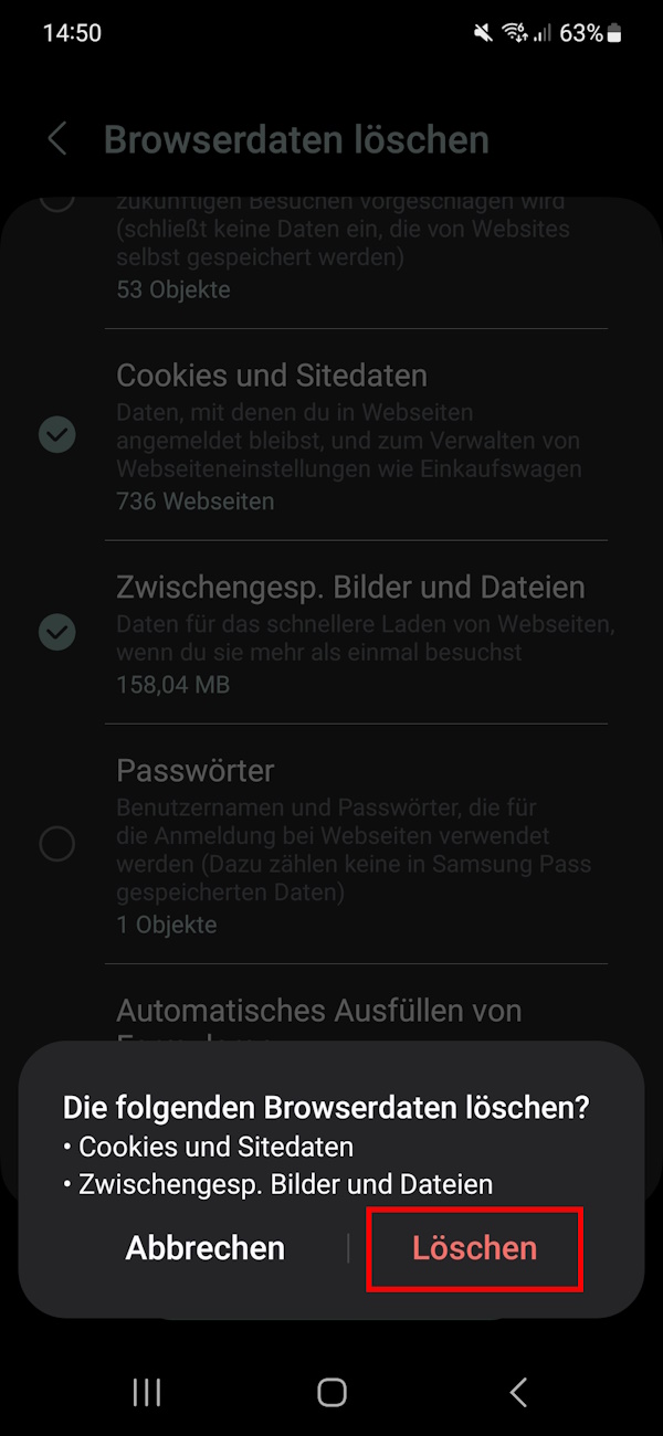 Browserdaten löschen bei Samsung Internet