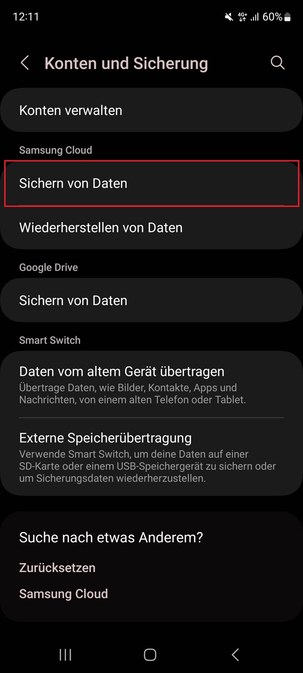 Screenshot von Konten und Sicherung mit Markierung von „Sichern von Daten“.